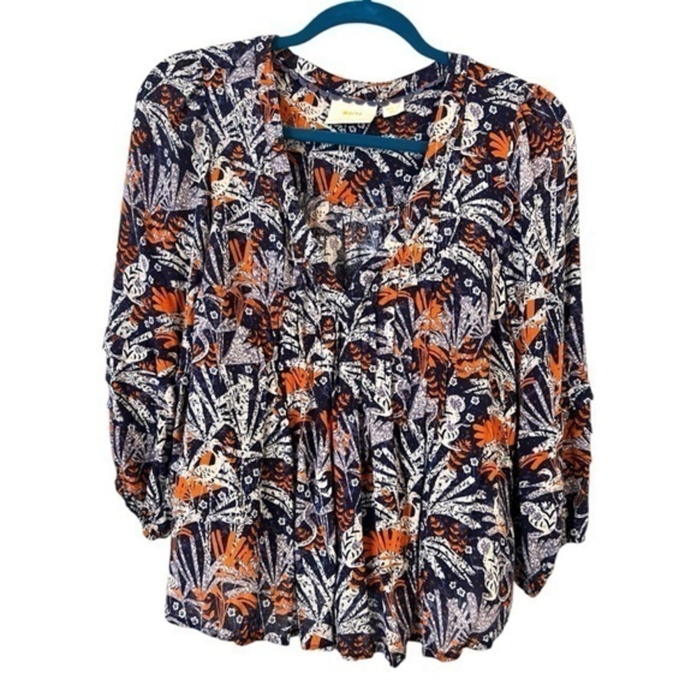 ANTHROPOLOGIE MAEVE M Cathy Pleated V-Neck Boho Blouse LOOSE FIT